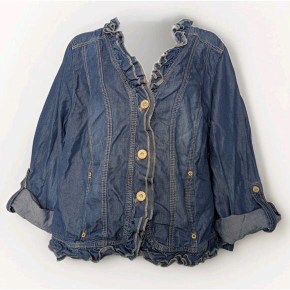 Lane Bryant Denim Ruffle Trim Neckline Blouse Top Button Jean Shirt Plus Size 16 - Picture 1 of 6